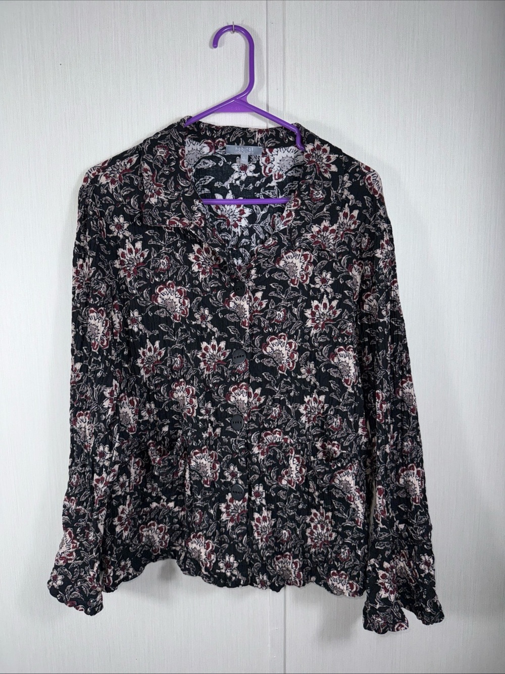 HABITAT Black Floral Bell Long Sleeve Button-Down Blouse L Pockets Pleated